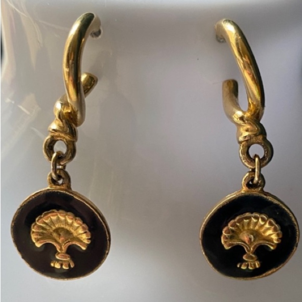 Sara Coventry Signed Gold + Black Palmette Deco Inspired Drop Pierced Earrings